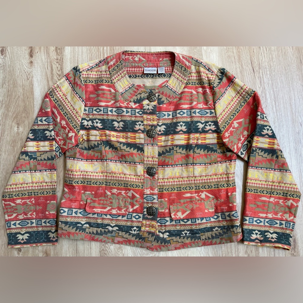 Chico’s southwest style blazer large metal statement buttons size 2 (size 12) - Picture 5 of 8
